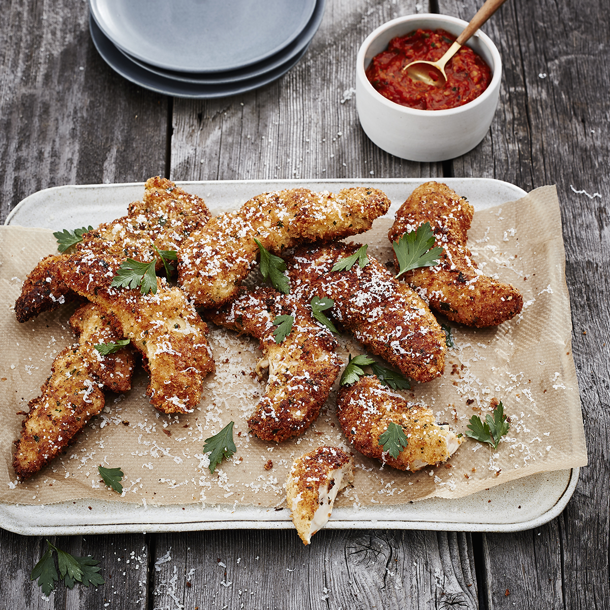 Fried Chicken Tenders with Smoky Romesco Sauce